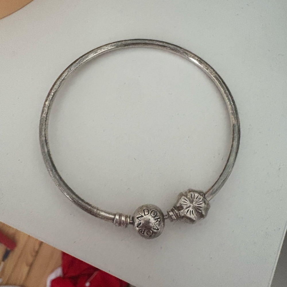 Pandora Silver Tone Bangle Bracelet with Floral Accent
